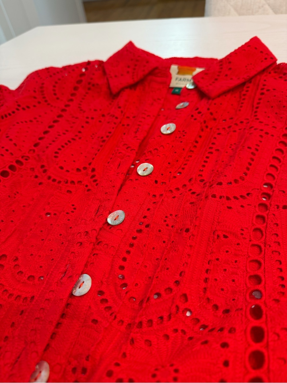 FARM Rio Red Eyelet Button-Front Puff Sleeve Blouse with Matching Red Camisole - Picture 7 of 9